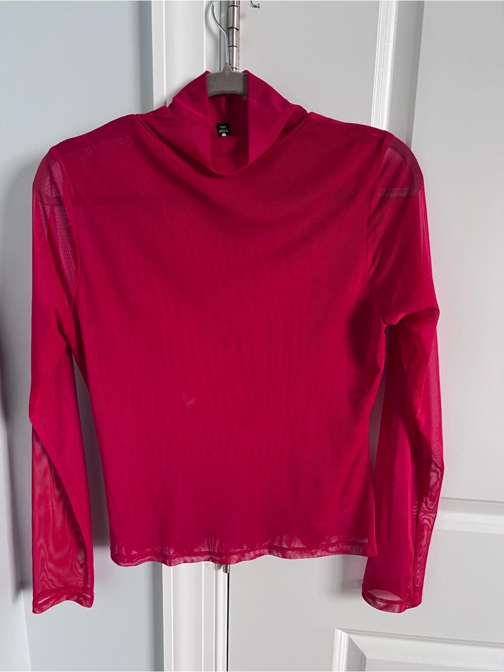Aqua Red mesh/ Sheer Mock Neck Long Sleeve Top